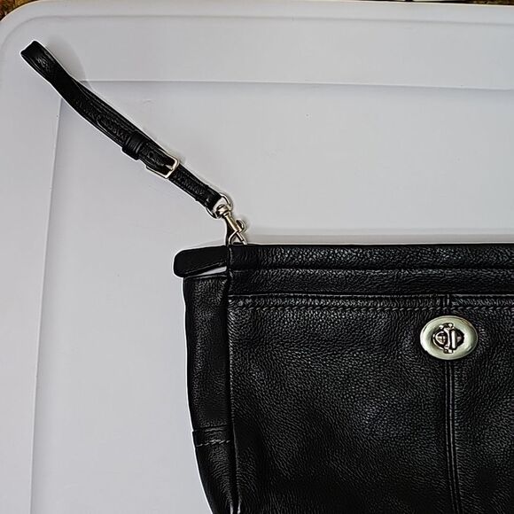 Wristlet Leather Black Silvertone Hardware Green Satin Style Lining - Picture 2 of 8